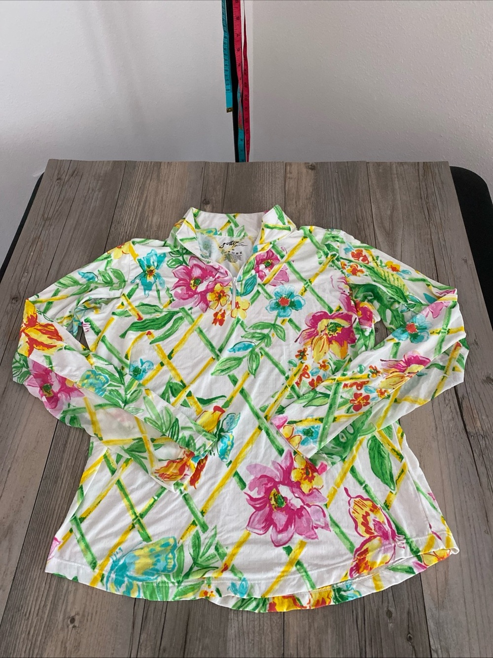 GOTTEX Women’s 1/4 Zip Shirt Floral Trellis Butterflies Bursting Color Medium